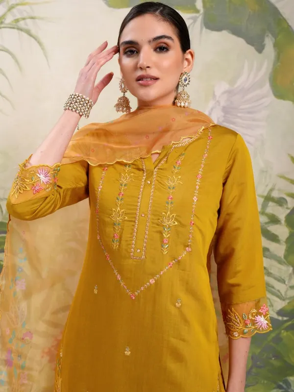 Vishudh Women Mustard Embroidered Kurta With Trouser And Dupatta