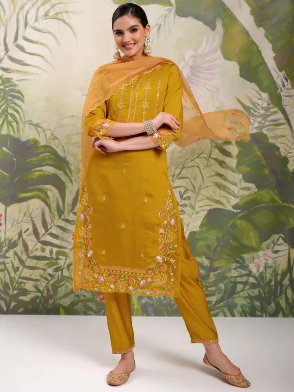 Vishudh Women Mustard Embroidered Kurta With Trouser And Dupatta