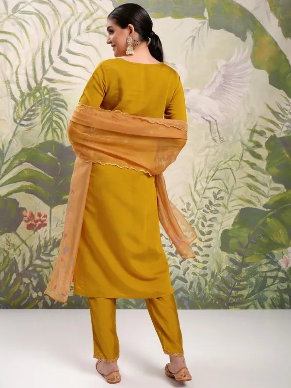 Vishudh Women Mustard Embroidered Kurta With Trouser And Dupatta