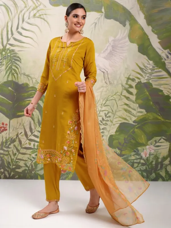 Vishudh Women Mustard Embroidered Kurta With Trouser And Dupatta