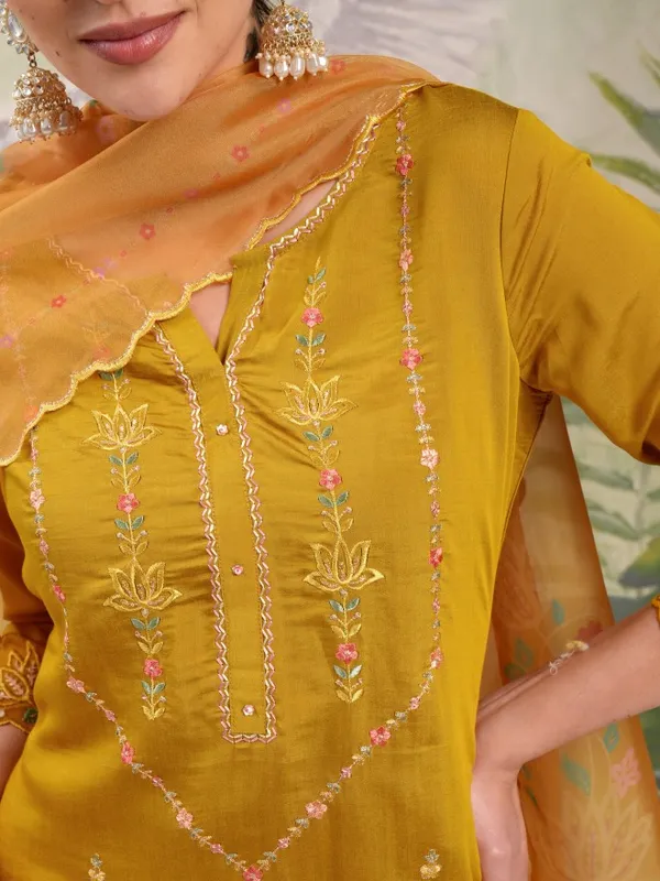 Vishudh Women Mustard Embroidered Kurta With Trouser And Dupatta
