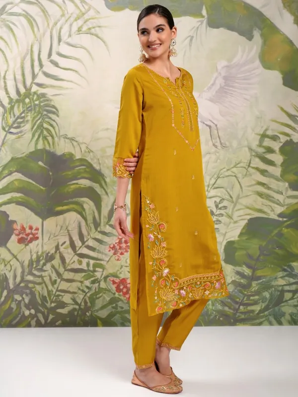 Vishudh Women Mustard Embroidered Kurta With Trouser And Dupatta