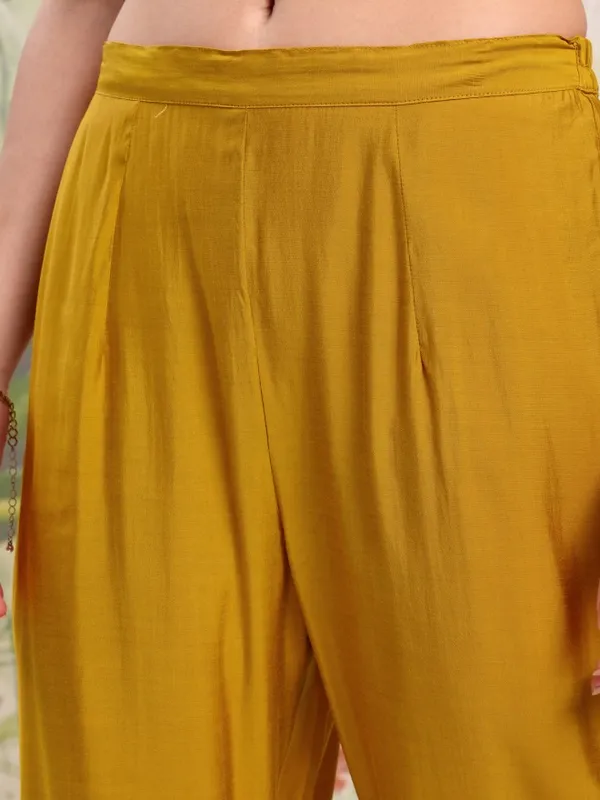 Vishudh Women Mustard Embroidered Kurta With Trouser And Dupatta