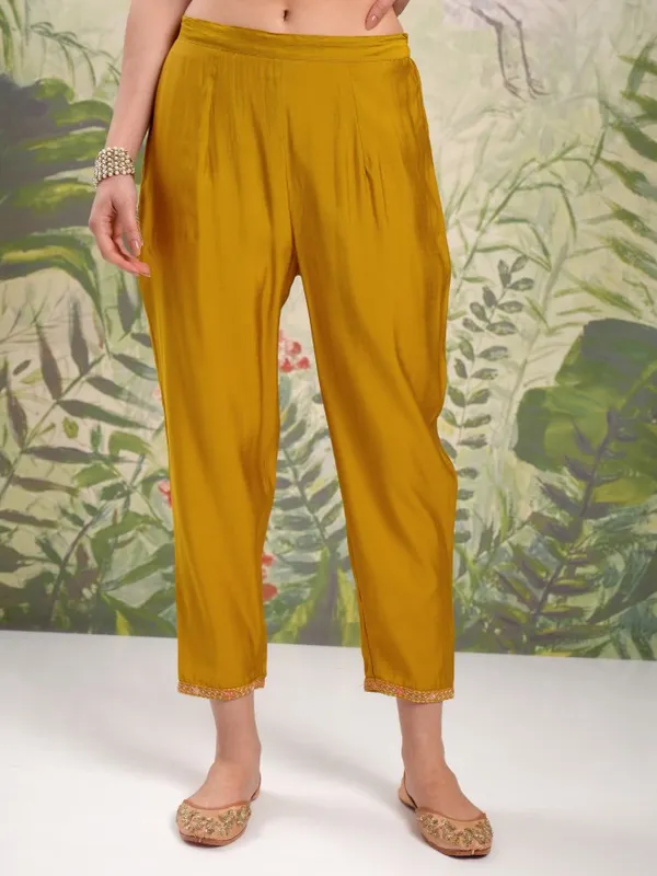 Vishudh Women Mustard Embroidered Kurta With Trouser And Dupatta