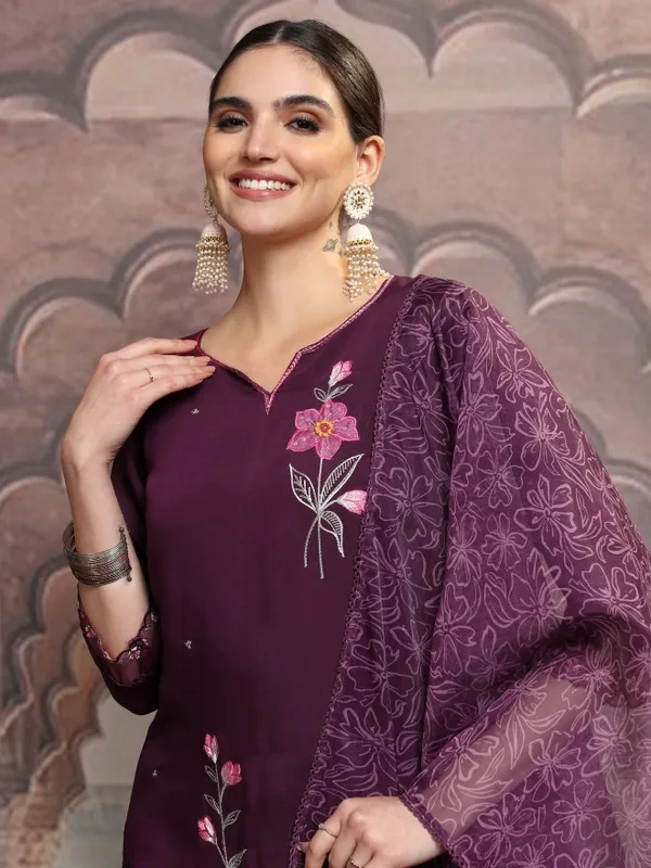 Vishudh Women Purple Embroidered Kurta With Trouser And Dupatta