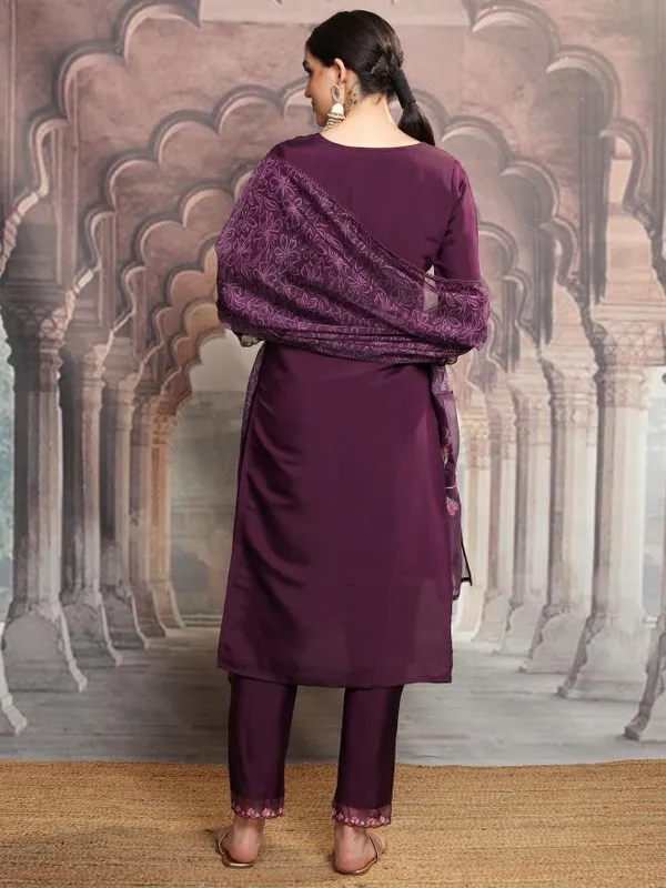 Vishudh Women Purple Embroidered Kurta With Trouser And Dupatta