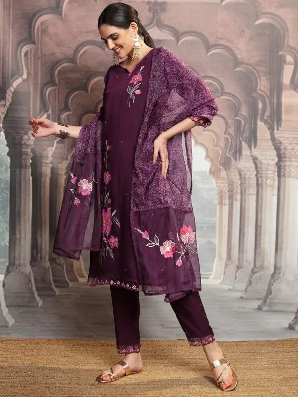 Vishudh Women Purple Embroidered Kurta With Trouser And Dupatta