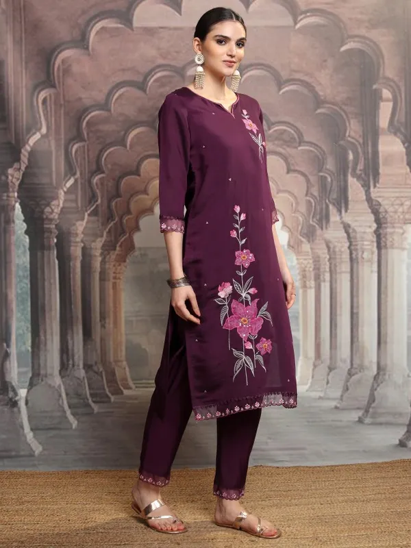 Vishudh Women Purple Embroidered Kurta With Trouser And Dupatta