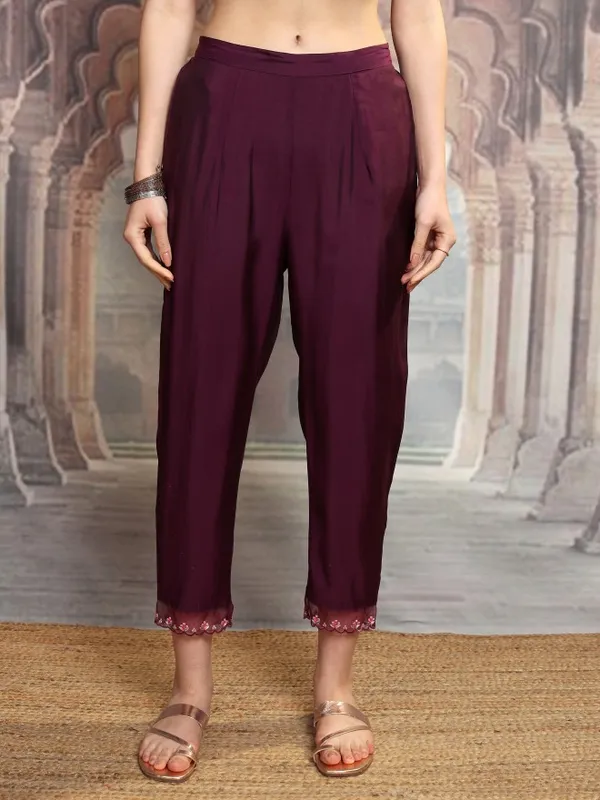 Vishudh Women Purple Embroidered Kurta With Trouser And Dupatta