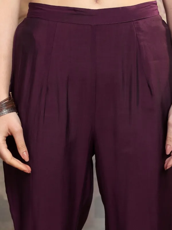 Vishudh Women Purple Embroidered Kurta With Trouser And Dupatta