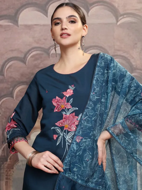 Vishudh Women Teal Embroidered Kurta With Trouser And Dupatta