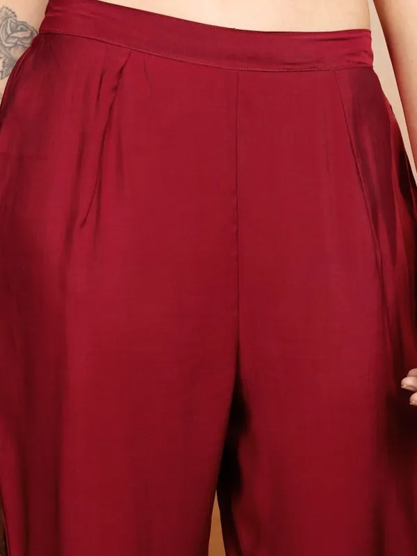 Vishudh Women Burgundy Embroidered Kurta With Trouser And Dupatta