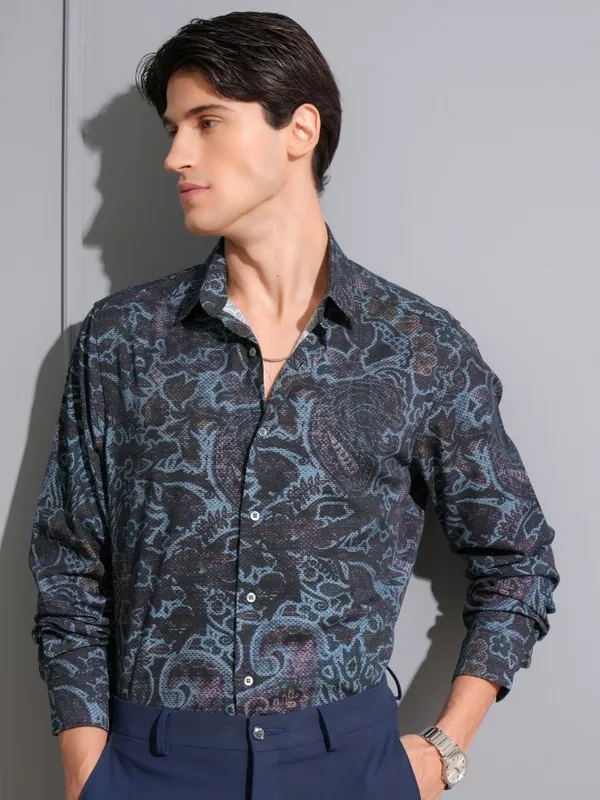 Locomotive Men Navy Blue Printed Slim Fit Casual Shirt