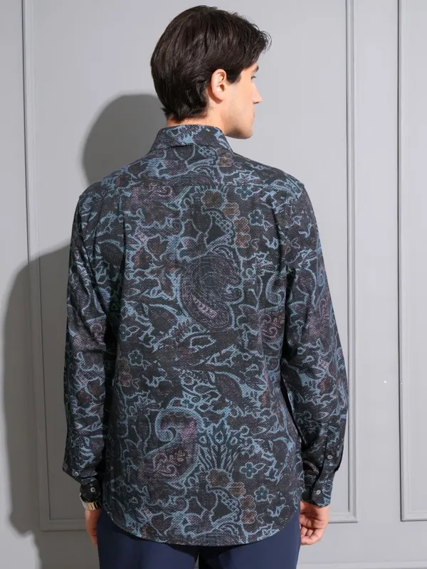 Locomotive Men Navy Blue Printed Slim Fit Casual Shirt