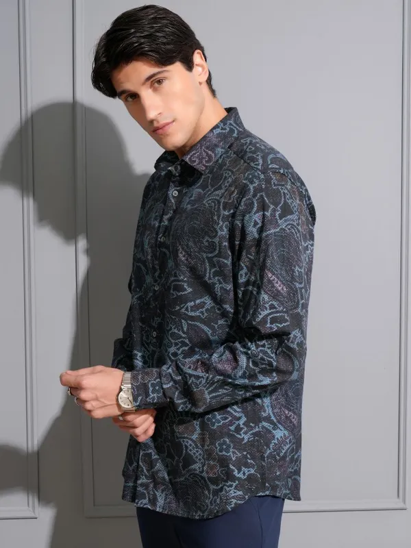 Locomotive Men Navy Blue Printed Slim Fit Casual Shirt