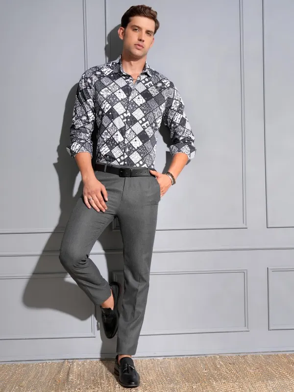 Locomotive Premium Men Black & White Satin Printed Occasion Shirt