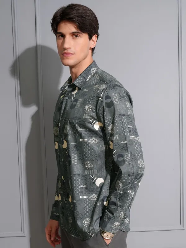 Locomotive Men Grey Printed Slim Fit Casual Shirt