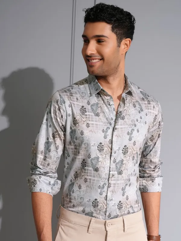 Locomotive Men Premium Grey & Brown Satin Printed Party Shirt