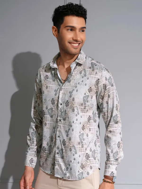 Locomotive Men Premium Grey & Brown Satin Printed Party Shirt