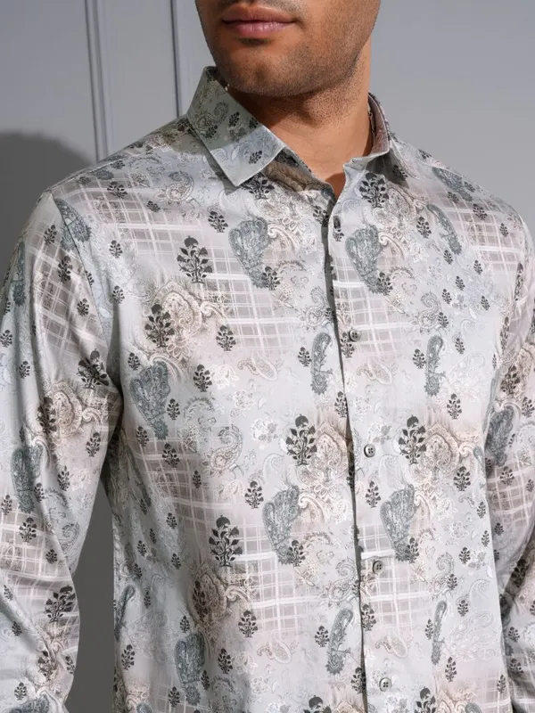 Locomotive Men Premium Grey & Brown Satin Printed Party Shirt