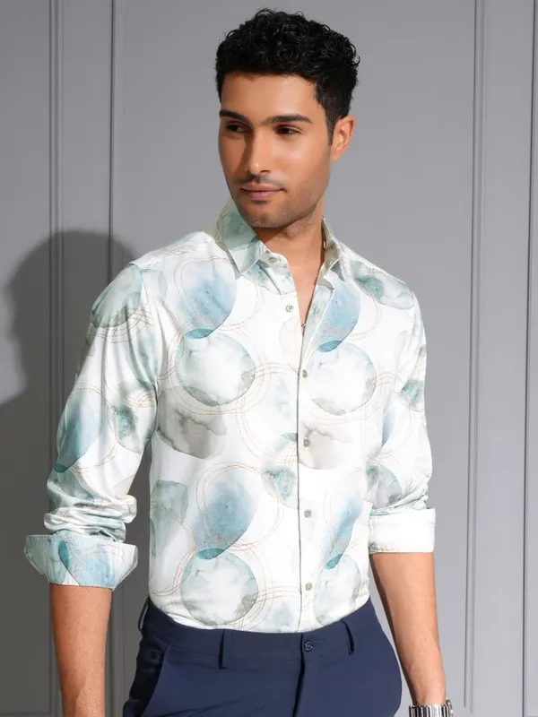 Locomotive Men Premium White & Teal Satin Printed Party Shirt