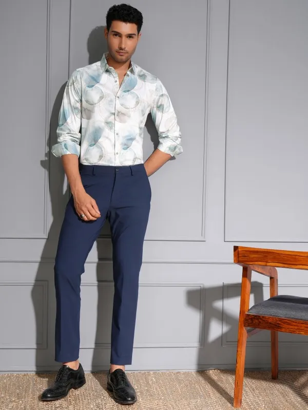Locomotive Men Premium White & Teal Satin Printed Party Shirt