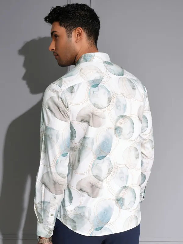 Locomotive Men Premium White & Teal Satin Printed Party Shirt