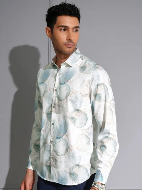 Locomotive Men Premium White & Teal Satin Printed Party Shirt