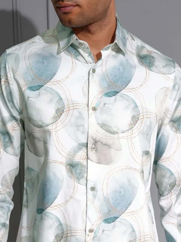 Locomotive Men Premium White & Teal Satin Printed Party Shirt