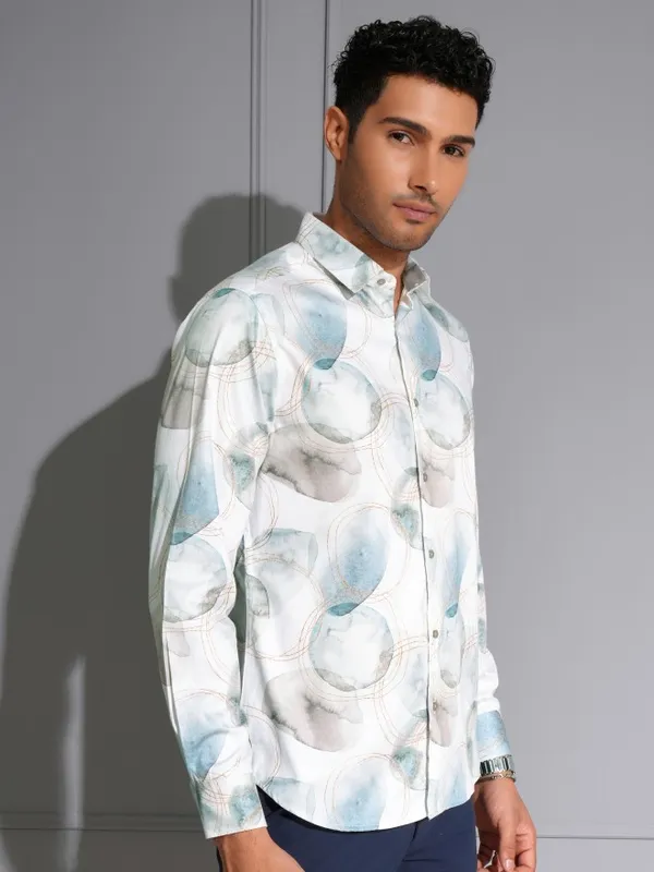 Locomotive Men Premium White & Teal Satin Printed Party Shirt