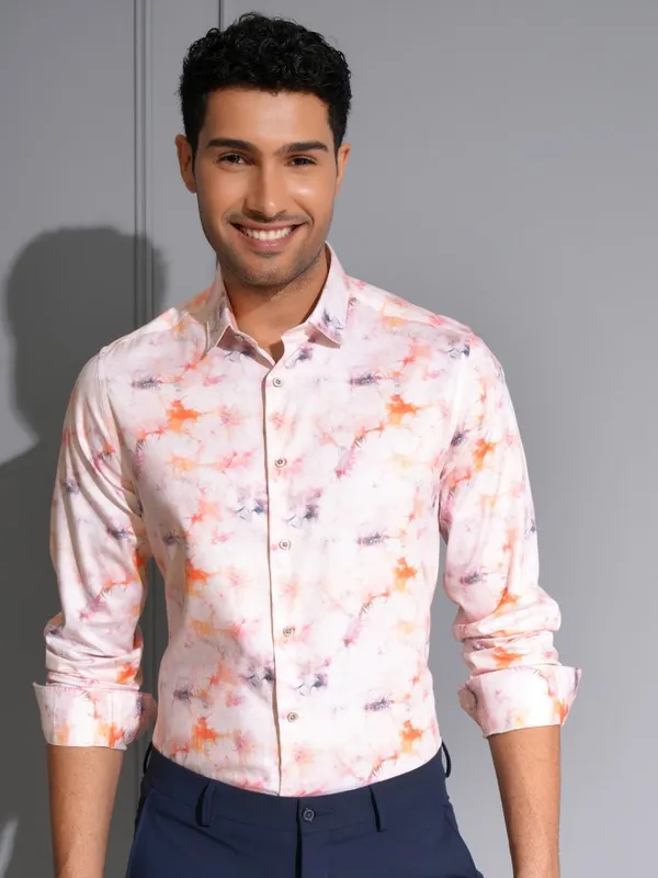 Locomotive Men Premium Light Pink Satin Printed Party Shirt