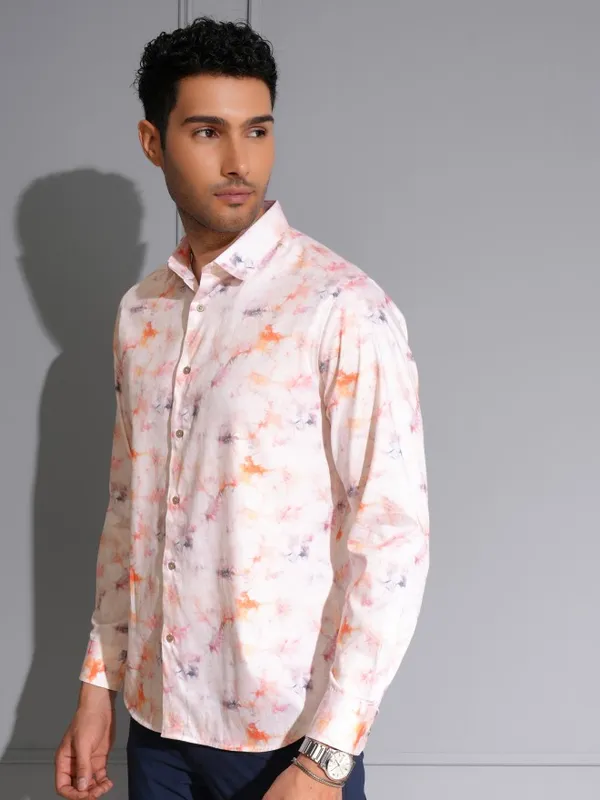 Locomotive Men Premium Light Pink Satin Printed Party Shirt
