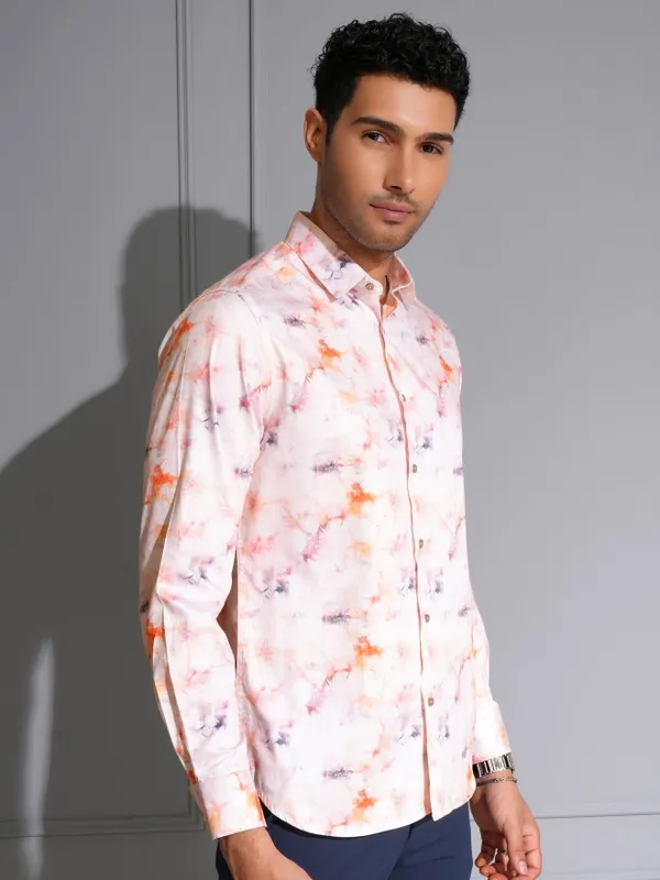 Locomotive Men Premium Light Pink Satin Printed Party Shirt