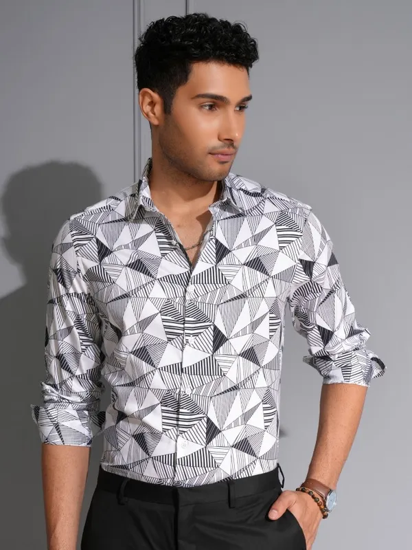 Locomotive Men Premium White/Black Satin Printed Party Shirt