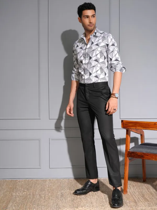 Locomotive Men Premium White/Black Satin Printed Party Shirt