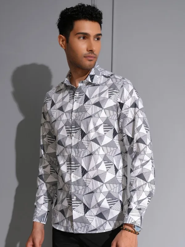Locomotive Men Premium White/Black Satin Printed Party Shirt