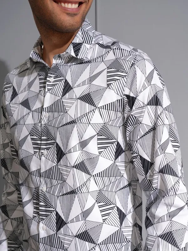 Locomotive Men Premium White/Black Satin Printed Party Shirt