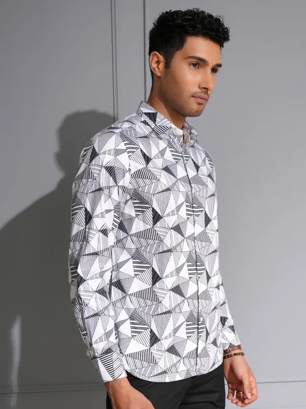 Locomotive Men Premium White/Black Satin Printed Party Shirt