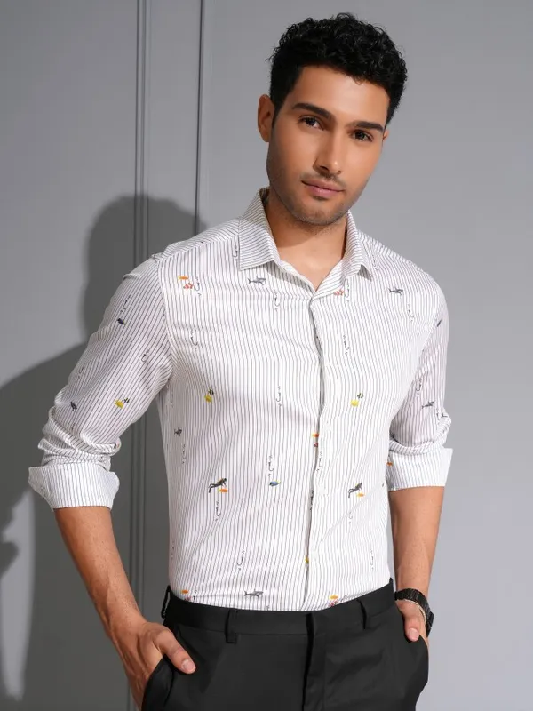 Locomotive Men Premium White/Black Satin Printed Party Shirt