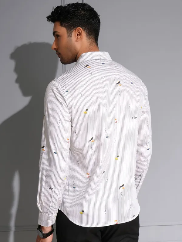 Locomotive Men Premium White/Black Satin Printed Party Shirt