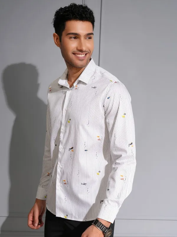 Locomotive Men Premium White/Black Satin Printed Party Shirt