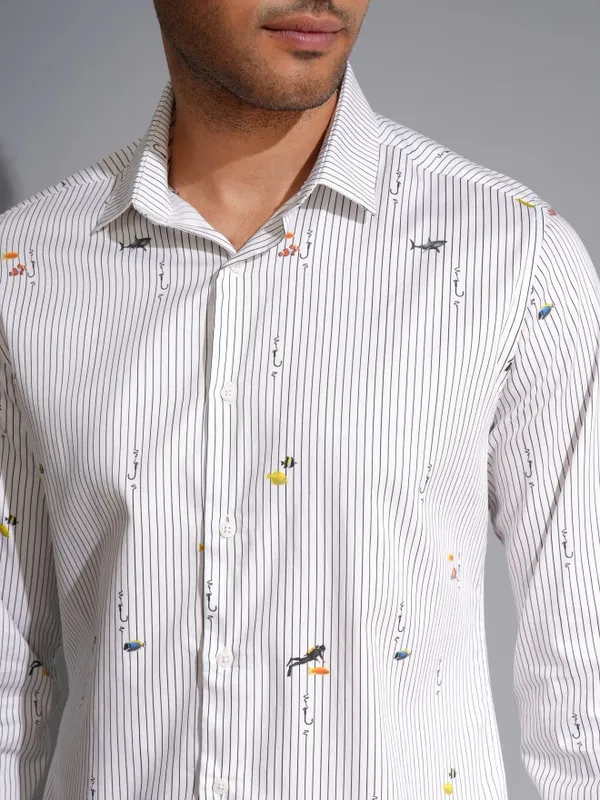 Locomotive Men Premium White/Black Satin Printed Party Shirt