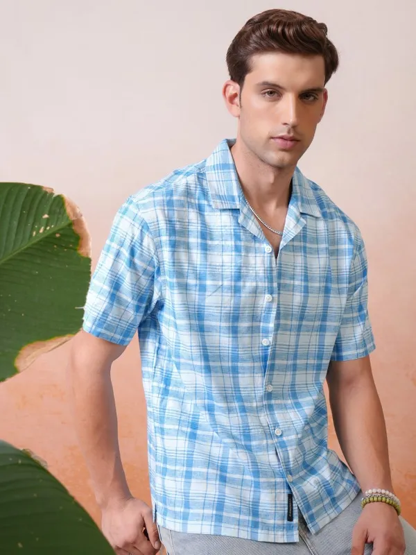 Locomotive Premium Men Blue Checked Cuban Collar Oversized Shirt