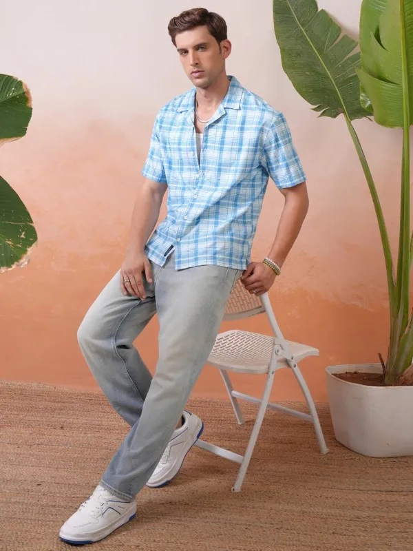 Locomotive Premium Men Blue Checked Cuban Collar Oversized Shirt