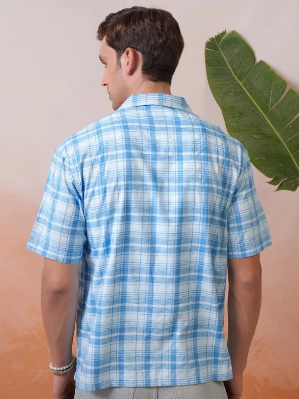Locomotive Premium Men Blue Checked Cuban Collar Oversized Shirt
