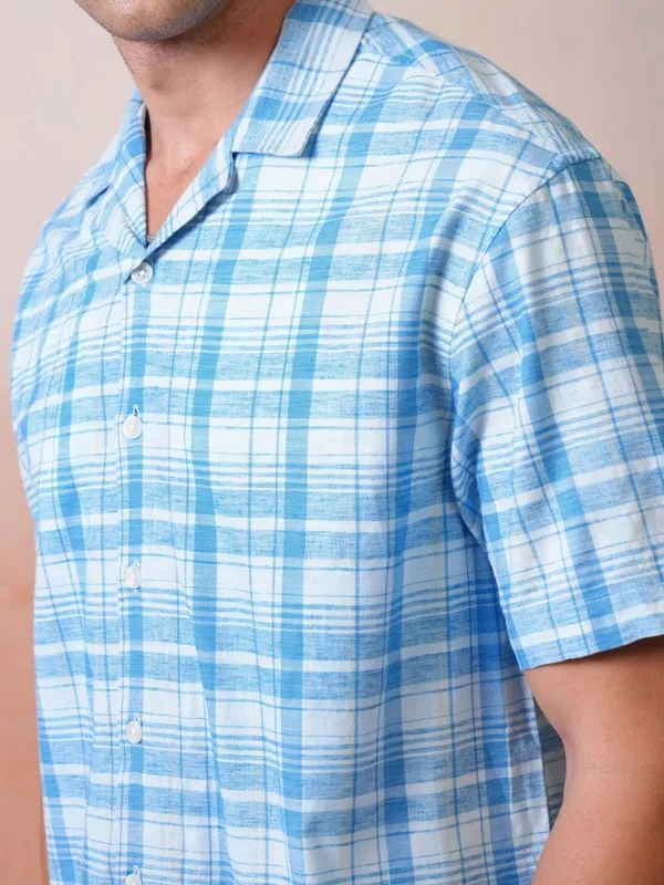 Locomotive Premium Men Blue Checked Cuban Collar Oversized Shirt