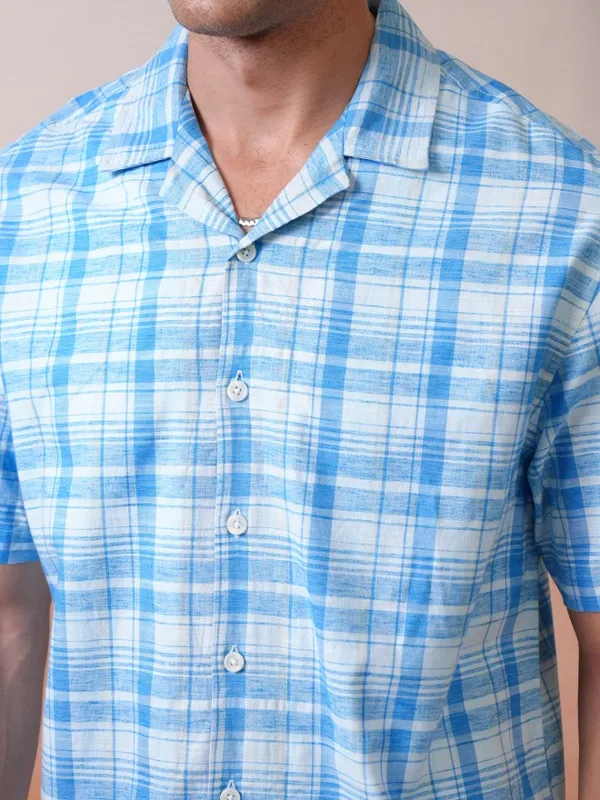 Locomotive Premium Men Blue Checked Cuban Collar Oversized Shirt