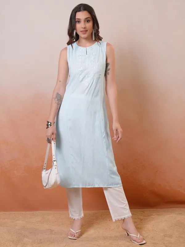 Vishudh Women Blue Embroidered A-Line Kurta