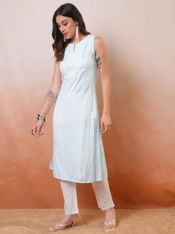 Vishudh Women Blue Embroidered A-Line Kurta