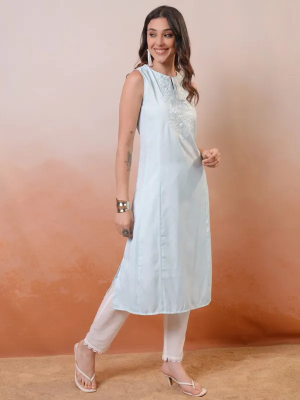 Vishudh Women Blue Embroidered A-Line Kurta